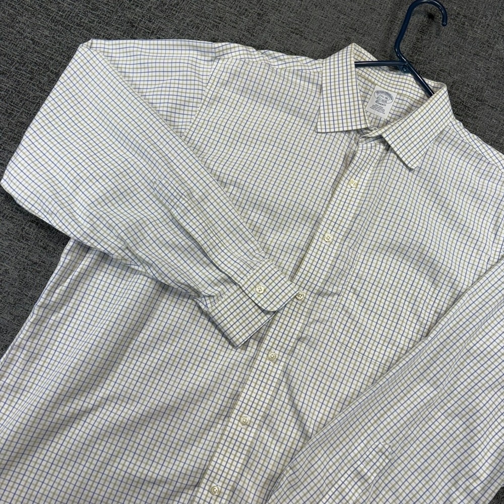 Brooks Brothers Button Down Mens 17.5-36 White Blue Green Check Non-Iron Supima